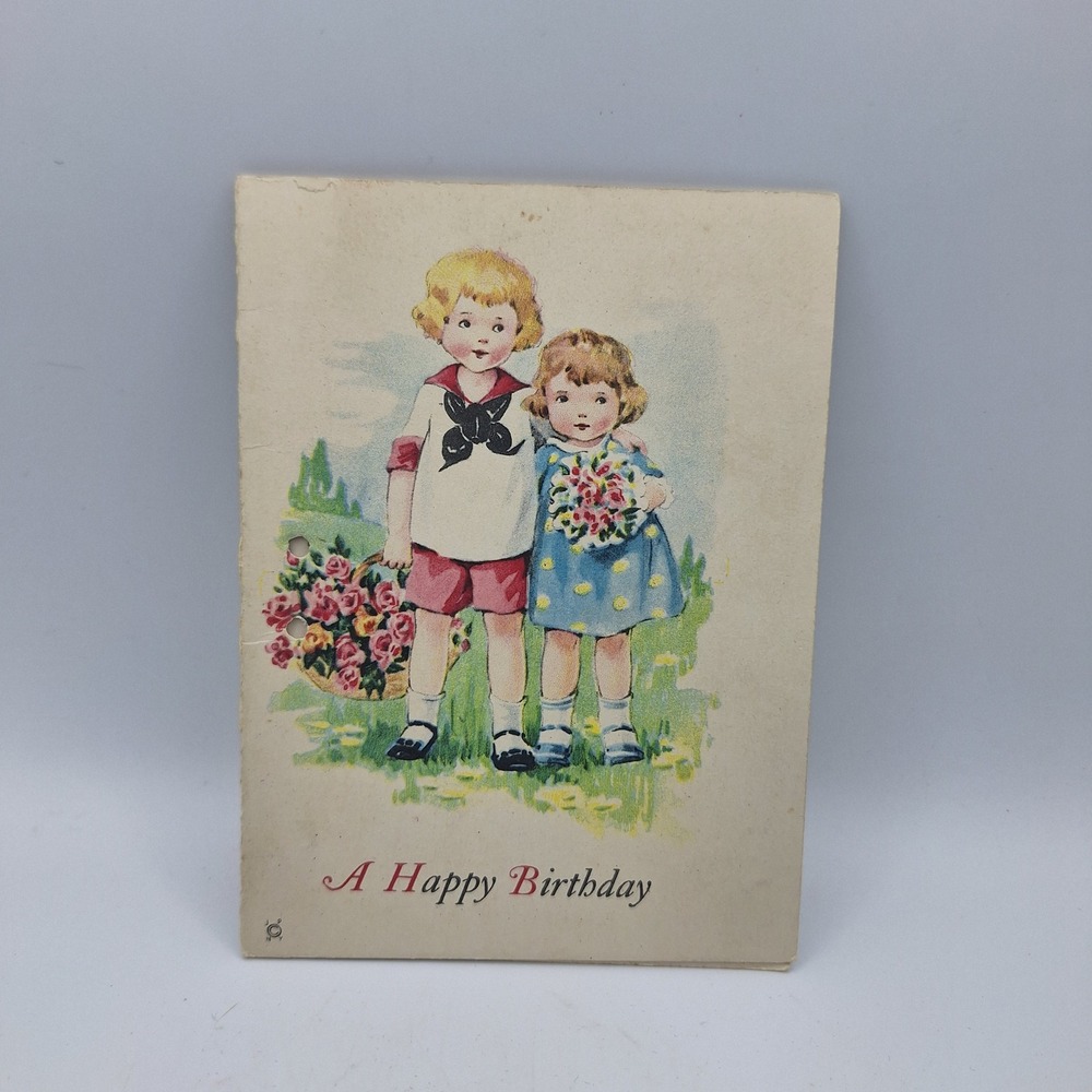 Vintage 1940s Children Birthday Card Boy Girl Flowers "A Happy Birthday"